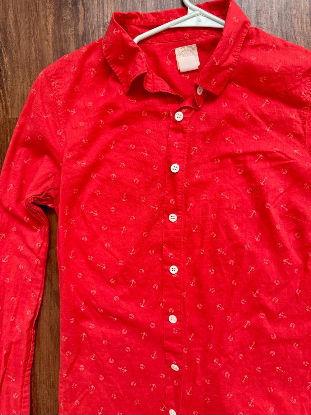J. Crew Red Button-Up Shirt w/ White Anchor & Horseshoe Pattern, size small